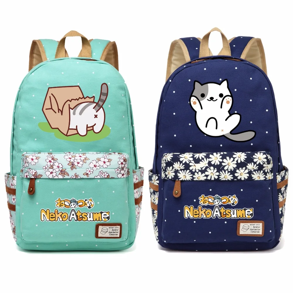 WISHOT Neko Atsume Холщовая Сумка с цветами волнистый рюкзак дорожная сумка через плечо