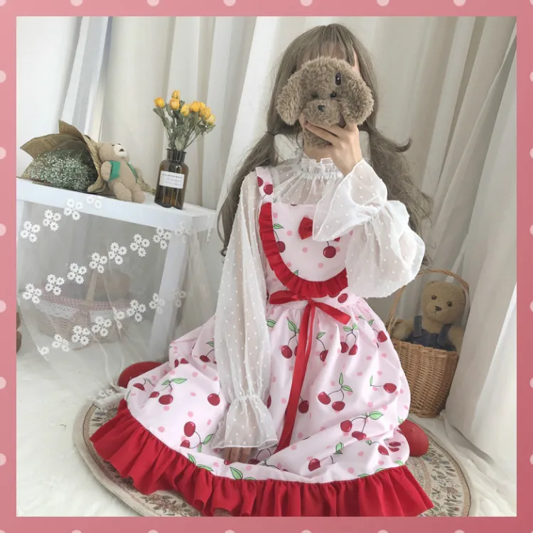 Японский стиль Kawaii Лолита платье для женщин Весна Лето клубника вишня Принт Сарафан подростковое платье с рюшами без рукавов
