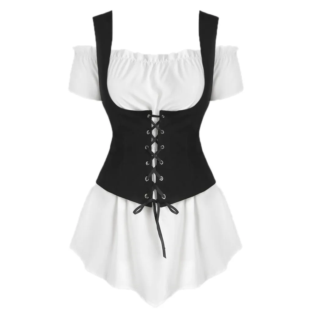 White KLV Новое поступление Kawaii Haut Femme женская рубашка с короткими рукавами и открытыми плечами на шнуровке элегантный тонкий жилет комплект топы футболки% 35 - Цвет: White