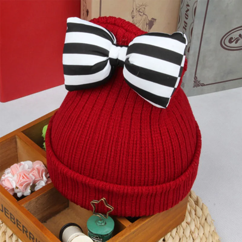 DreamShining Baby Hat Cute Striped Bow Kids Woolen Children Winter Warm Crochet Knitted Cap Girls Photography Headwear Caps | Детская