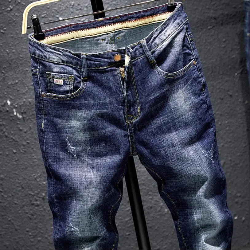 

Men Navy Blue Denim Jeans Skinny Stretch Jeans New Men Autumn Winter Slim Casual Jean Pants Men Solid Blue Elastic Jeans