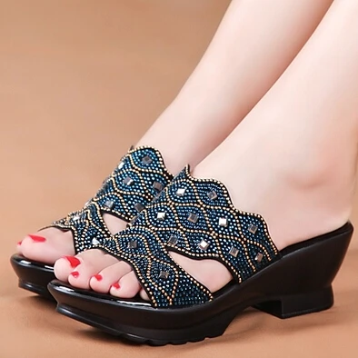 Стразы босоножки на высоком каблуке шлепанцы из натуральной кожи размера плюс 41