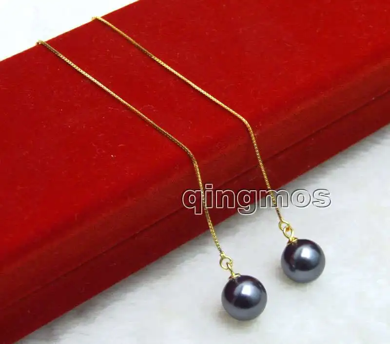 

Fashion Big 10mm Black Round Sea shell pearl and Gold-Color sterling silver s925 Ear Line dangle 4'' Earring-ear657