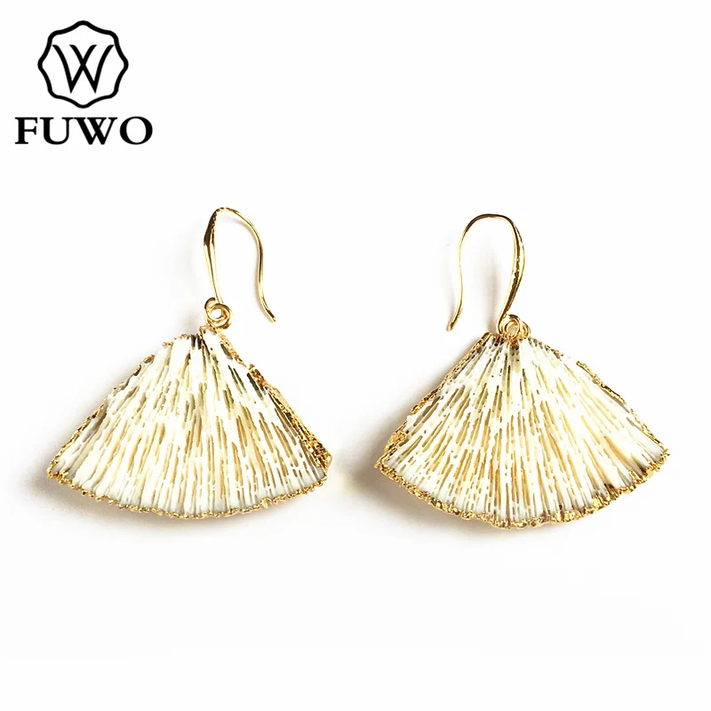 Женские серьги-ракушки FUWO, серьги из натурального белого кораллового цвета с золотой отделкой, пляжные ювелирные изделия, подарок, ER538