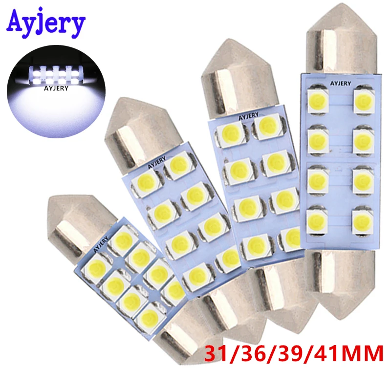 

AYJERY 100PCS/LOT 12V LED Festoon 1210 8 Smd Dome Lights 31mm 36mm 39mm 41mm C5W White Reading License Plate Lamp led Light Bulb