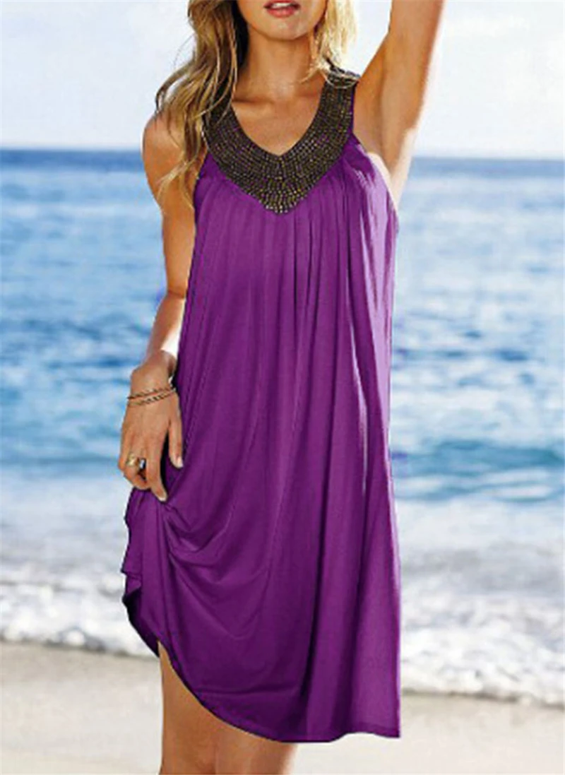 Летние платья Robe Femme Ete, пляжная одежда Boho, женские повседневные платья с v-образным вырезом, лоскутное свободное платье с пайетками