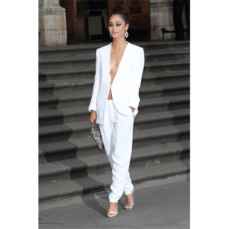 

Tailored White Womens Business Work Suits Female Office Uniform Elegant Pants Suits Blazer B72