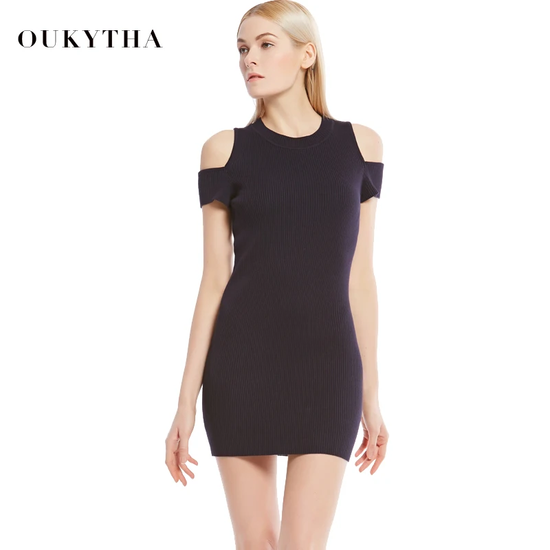 Oukytha 2018 весеннее элегантное однотонное мини-платье с круглым вырезом облегающее