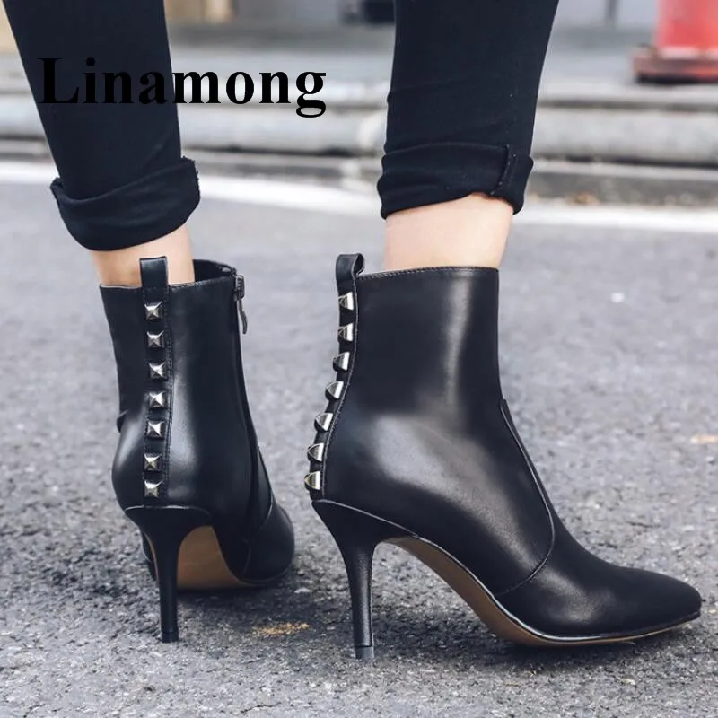 

Fashion Street Style Rivet Ankle Boot Pionted Toe And Thin High Heel Sie Zipper Cow Leather Black Women Boots High Quality