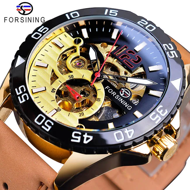 GMT1155-1 Forsining, мужские часы, автоматические, модные, половина скелета, циферблат, цвет, спортивные часы, натуральная кожа коричневого цвета, мужские механические наручные часы - Цвет: GMT1155-1
