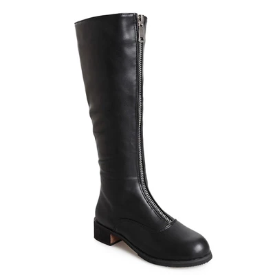 black xw395 Женские сапоги до середины икры на молнии спереди; зимние сапоги до колена на не сужающемся книзу массивном среднем каблуке; сапоги из искусственной кожи; теплые модные повседневные ботинки с Плюшевым Мехом - Цвет: black xw395