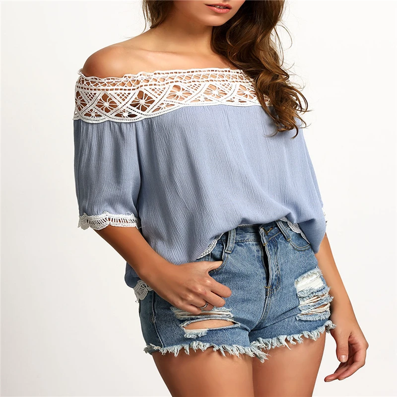 Женские блузки с открытыми плечами кружевные вязаные рубашки модные блузы 2017