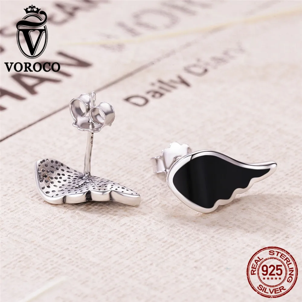Voroco натуральная 925 Sterling Silver Wings Chic Черная Эмаль Серьги-гвоздики для Для женщин