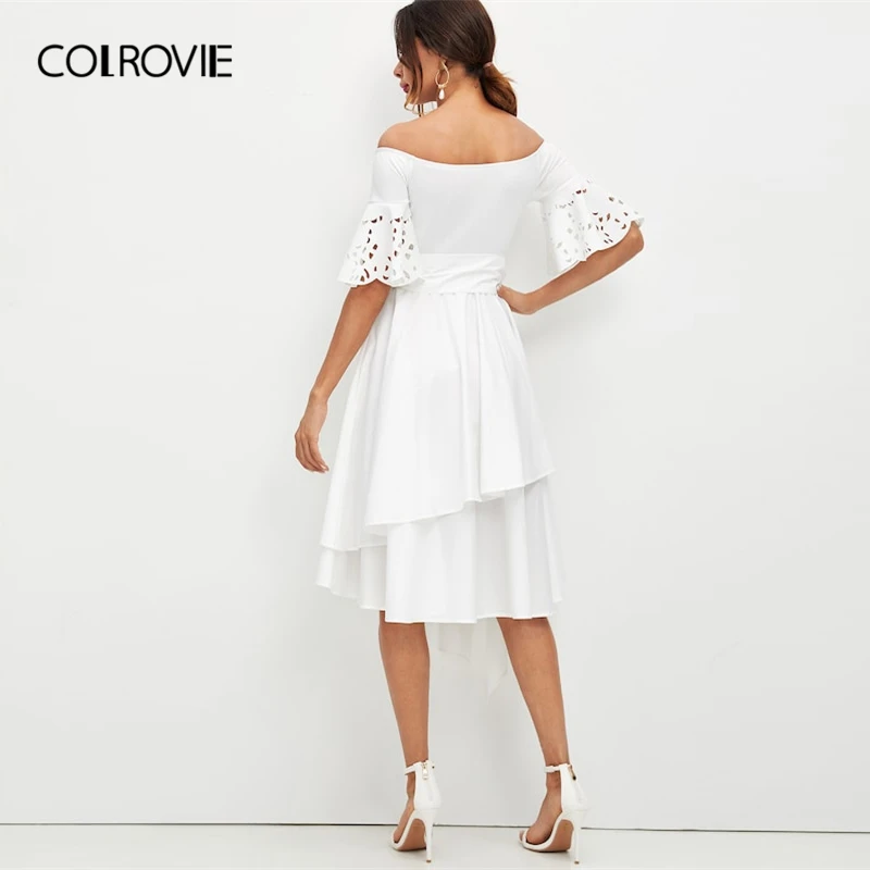 COLROVIE, белое элегантное платье с открытыми плечами, с лазерным вырезом, с рукавами, носовой платок, женское летнее платье, ТРАПЕЦИЕВИДНОЕ ПЛАТЬЕ, платья для офиса, женские платья