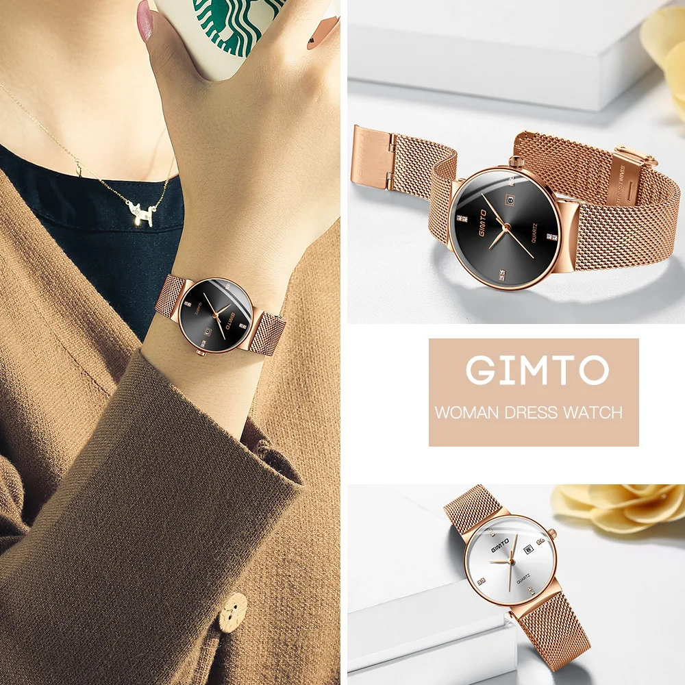Новинка GIMTO Роскошные Кварцевые женские часы брендовые золотые модные бизнес-часы с браслетом женские водонепроницаемые наручные часы Relogio Femininos
