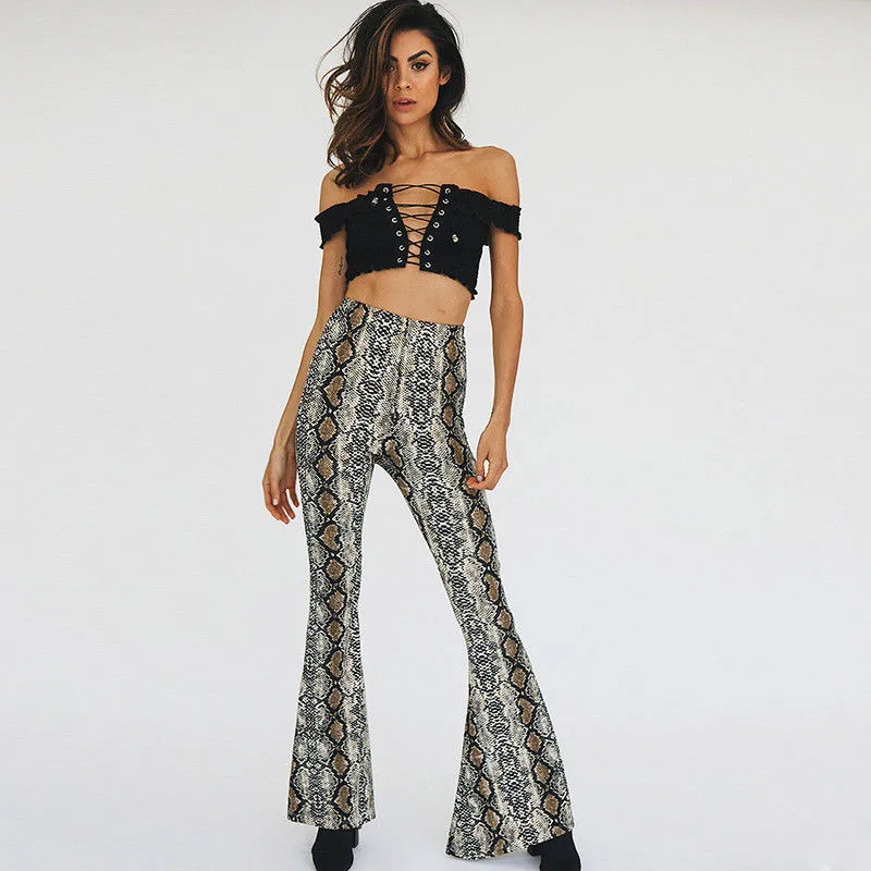 Новинка 2017 женские брюки со змеиным принтом с высокой талией питона клеш высокое
