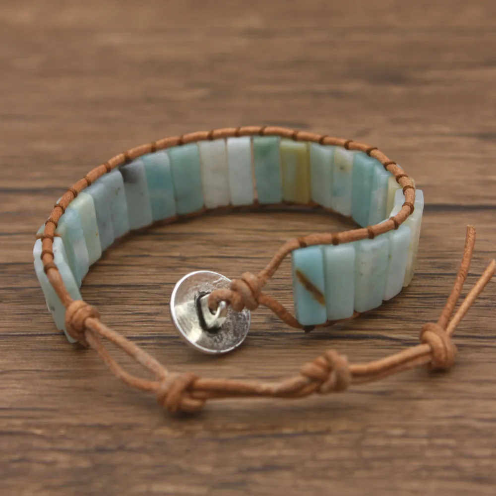 Boho кожаный шнур для драгоценностей браслет женщин из амазонита и бисера Прямая