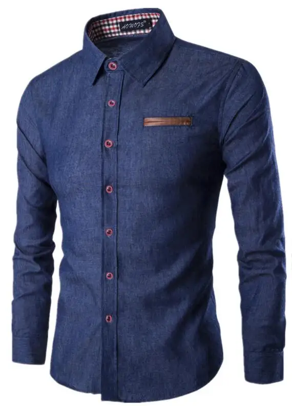 Dark blue Новинка, модная брендовая мужская рубашка с карманами, кожаная рубашка с длинным рукавом, приталенная Мужская рубашка, повседневные мужские рубашки, модель - Цвет: Dark blue