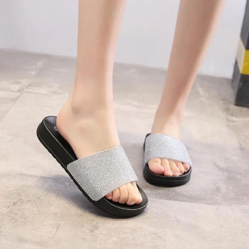 Summer women's slippers fashion crystal solid color flat EVA material thick bottom bathroom outdoor beach flip-flops | Обувь