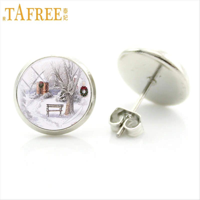 TAFREE Элегантные Очаровательные стеклянные серьги с фотографией снежной сцены для
