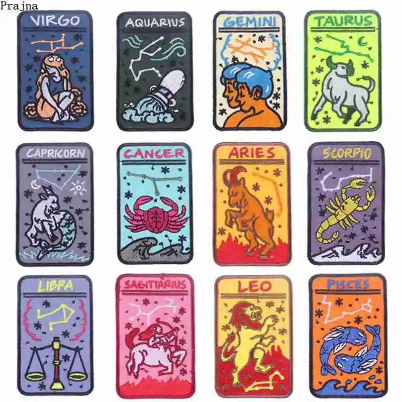

Prajna Twelve Constellations Patches CANCER LEO PIECES Embroidered Iron On Patches For Clothes DIY Stickers On Clothes Applique