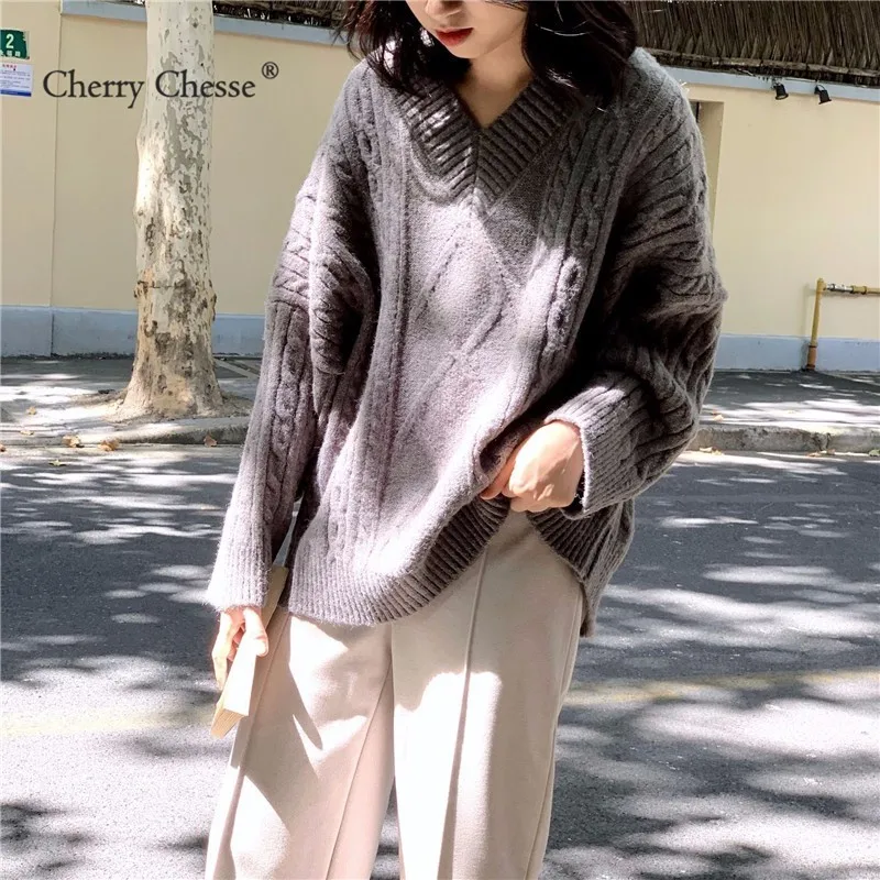Cherry Chesse Women Autumn Twist Sweater Long Sleeve Solid V Neck Tops Female Casual Pullovers | Женская одежда
