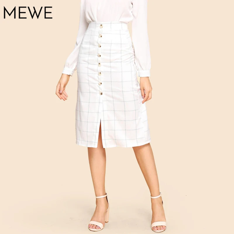 Для женщин белая юбка карандаш Высокая Талия Plaid Midi Однобортный мода Офисные