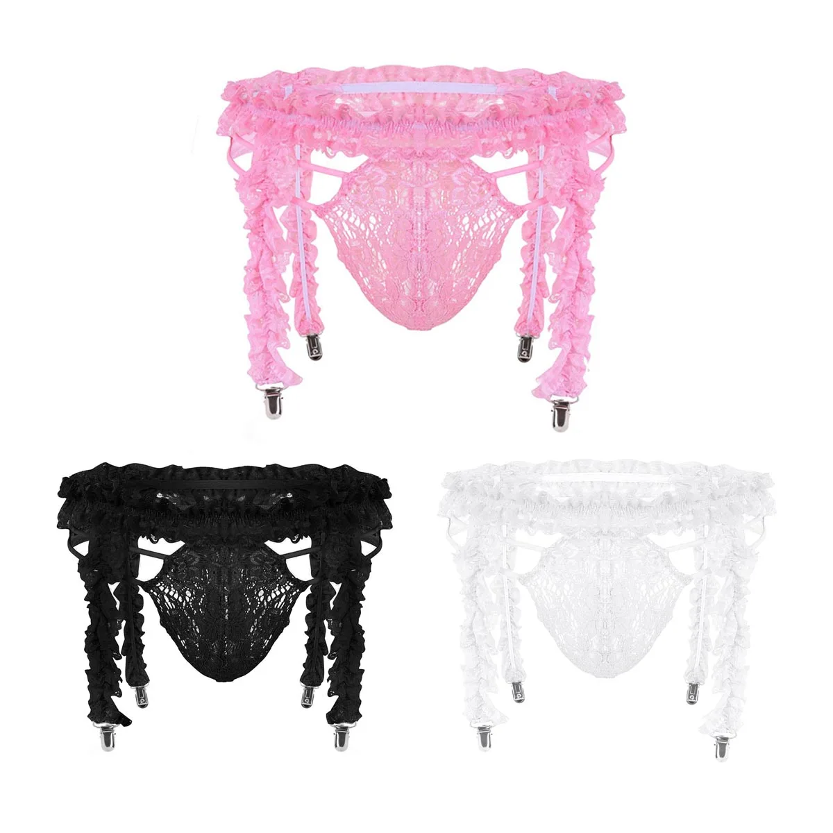 

Gay Men Lingerie Briefs Sexy Panties with Garter Belt See Through Lace Pouch Ruffled Sissy Bikini Thongs and G-strings Underwear