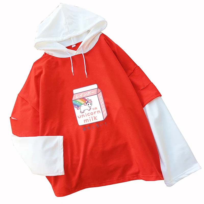 

T Shirt Femme Kpop Spring Autumn Korean Ulzzang Harajuku Long Sleeve Kawaii Cartoon Unicorn Milk Printed Splicing T-shirts Women