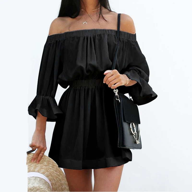 2018 Summer Women Sexy Off Shoulder Dress Slash Neck Backless Flare Sleeves Solid Color Cotton | Женская одежда