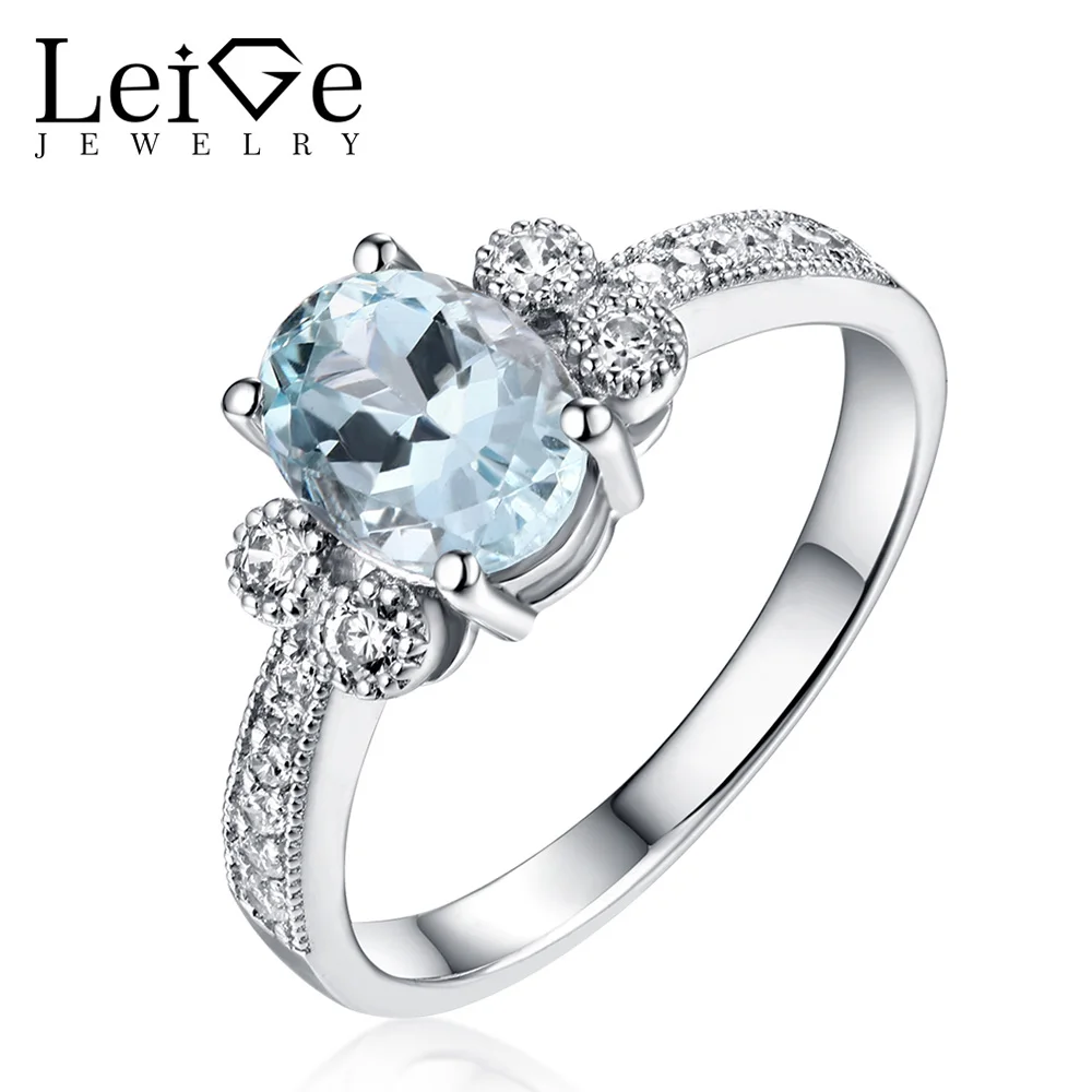 

Leige Jewelry Fine Rings for Women Natural Aquamarine Ring Blue Gemstone Oval Cut 925 Sterling Silver Anniversary Gift