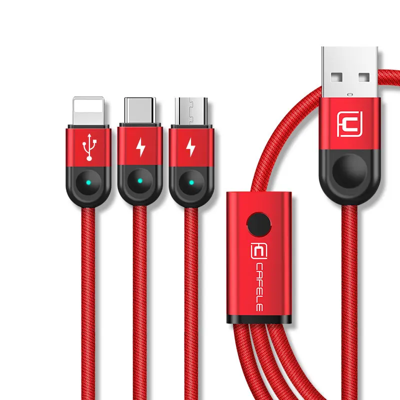 Cafele 3 в 1 светодиодный светильник USB кабель Micro type C usb зарядный кабель для iPhone huawei xiaomi samsung 130 см Синхронизация данных USB кабель - Тип штекера: Red