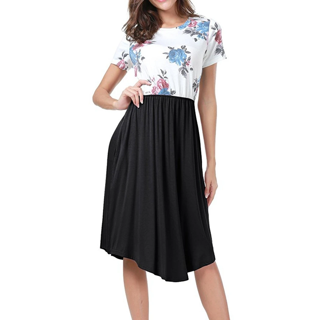 Элегантные женские платья с коротким рукавом цветочный принт пэчворк тонкая