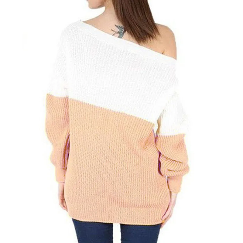 Z&ampKOZE Winter Patchwork Color knitted sweater women 2016 Autumn Sexy long sleeve off shoulder jumpers pullover sweaters | Женская