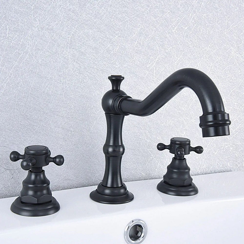 

Black Oil Rubbed Brass Widespread Dual Handle Bathroom Washing Basin Mixer Taps Deck Mounted 3 Holes Lavatory Sink Faucet asf539