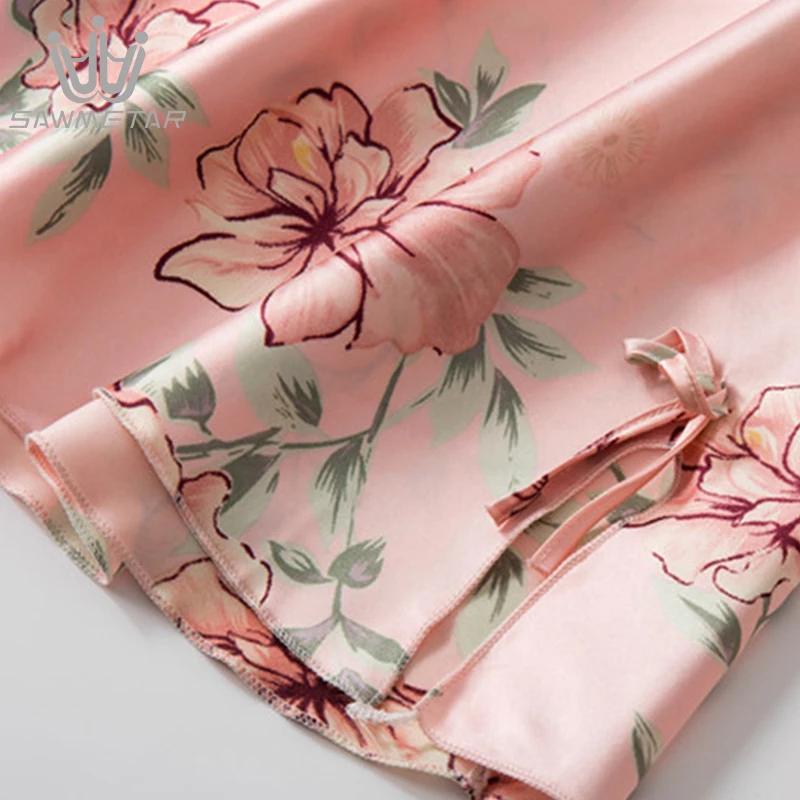 Women 5 Pieces Sexy Satin Sleepwear Silk Pajamas Sets Lace Woman Robe Floral Sleeveless Spaghetti Strap Pyjama With Chest Pads