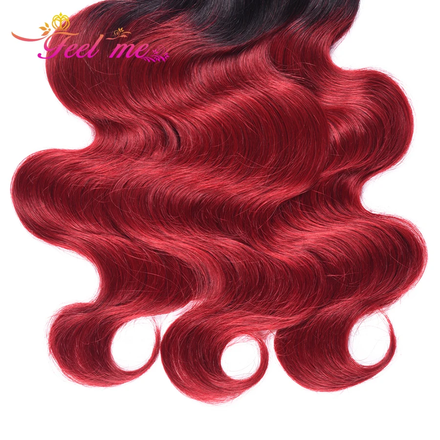 Feel Me Body Wave Brazilian Hair Weave 4 Bundles With Closure Ombre Human Lace 1b/burgundy Non remy | Шиньоны и парики