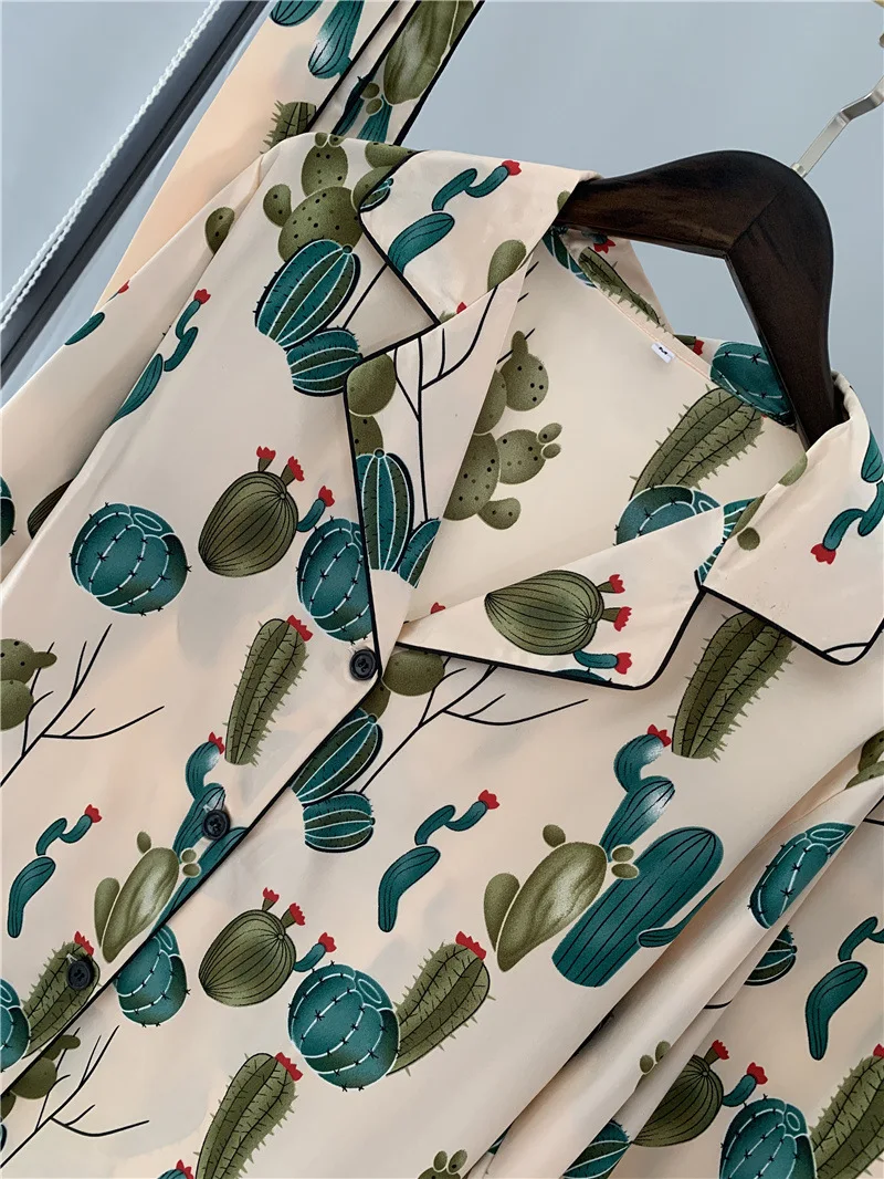 Летний новый женский пижамный комплект из ледяного шелка с длинными рукавами и