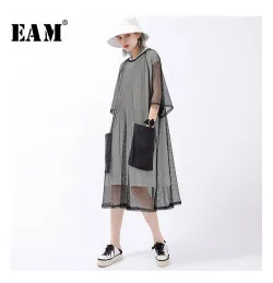[EAM] Новинка весны summerFashion желтый свободные короткий рукав плиссированные раза асимметрия О-образным вырезом простые женские модельные S206
