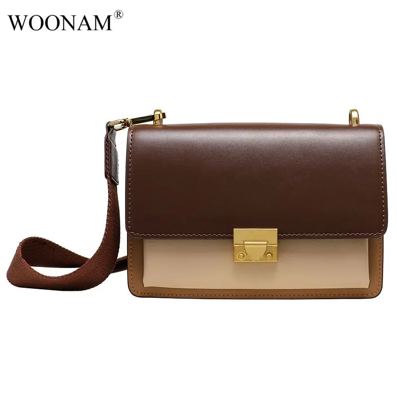 

WOONAM Women Fashion Bag Genuine Calf Leather Contrast Color Flap Baguette Handbag Satchel Shoulder Bag WB763
