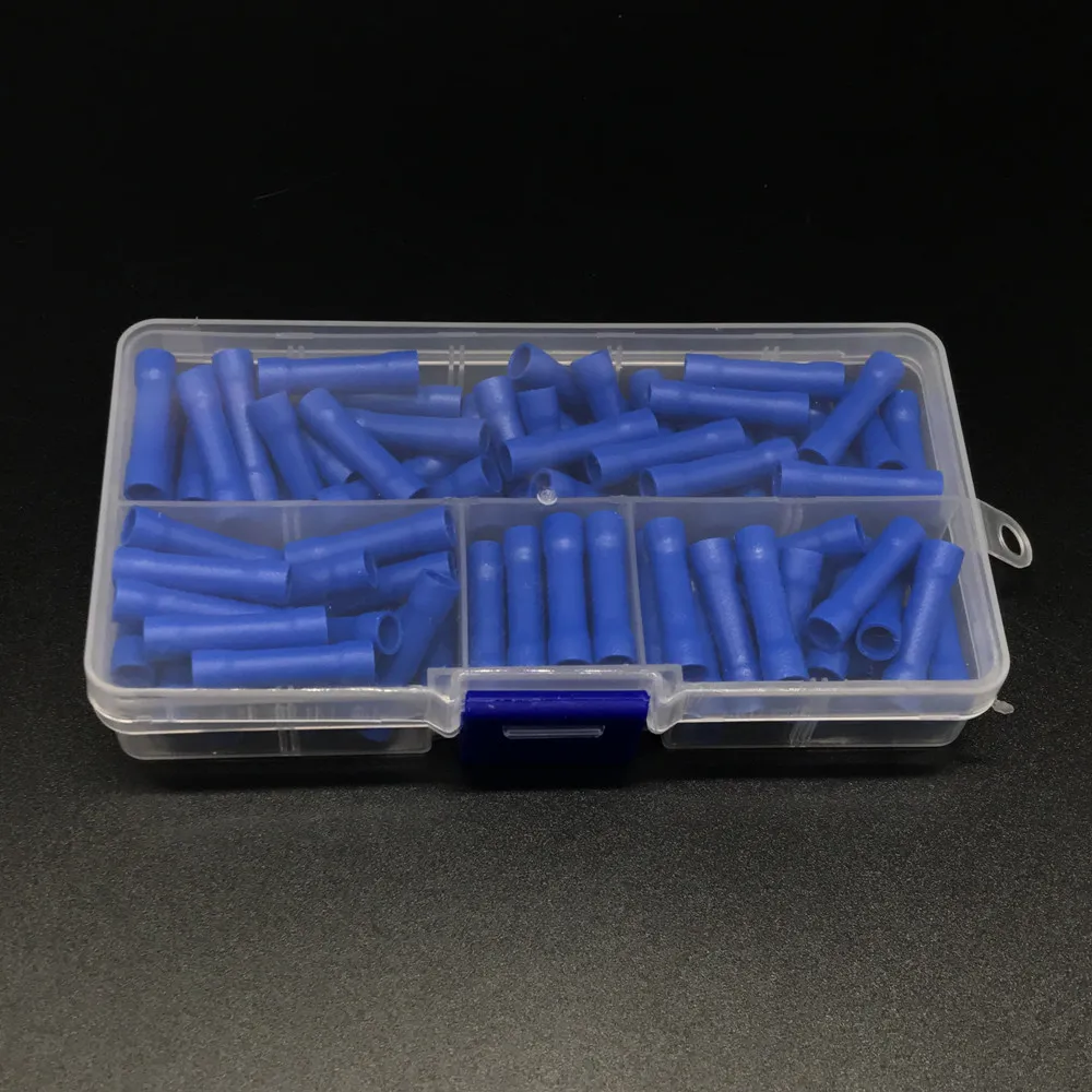 100pcs BV 2 16 14 AWG 0.5mm 1.5mm Blue Insulated Straight Wire Butt Connector Electrical Crimp Terminals with box|straight wire butt connector|butt