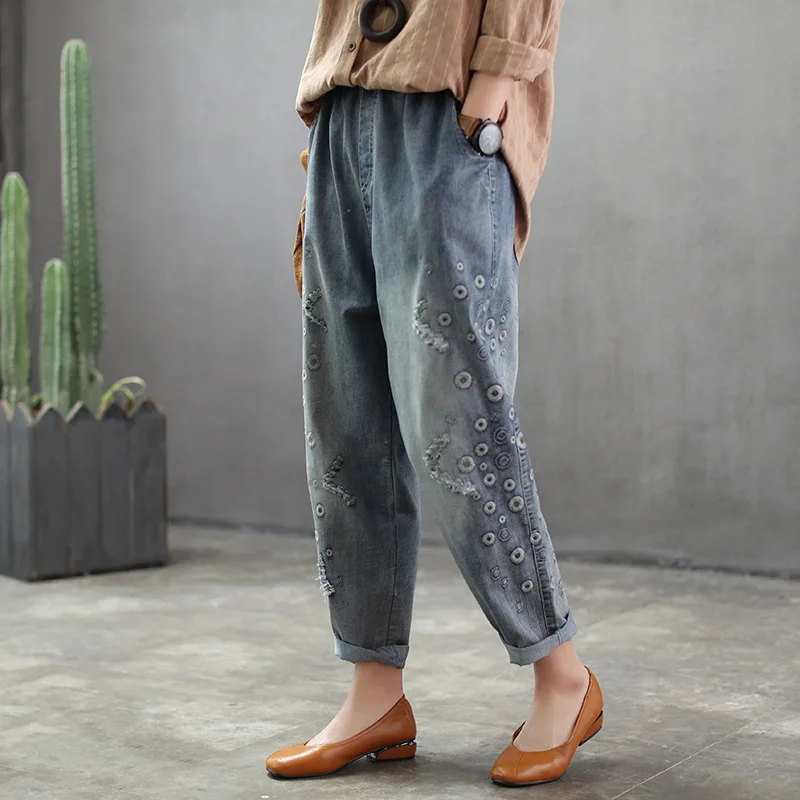 Spring Jeans Loose Elastic Waist Casual Women Denim Pants 2019 New Female Embroidery pocket hole Vintage Trousers |