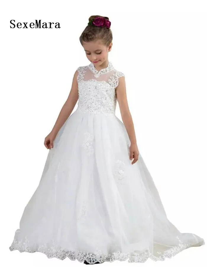 New White Flower Girls Dresses for Wedding Lace Beading Girls Birthday Party Dress Pageant Gown Custom Made