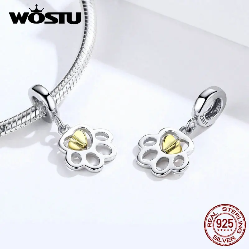 WOSTU Paw Dog Footprint Висячие Подвески бусины из стерлингового серебра 925 подходит для
