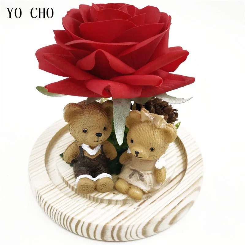 

YO CHO Artificial Roses Flowers Red Rose In Glass Dome Christmas Gift Home Decor Fake Rose In Flask Micro Landscape Silk Flowers