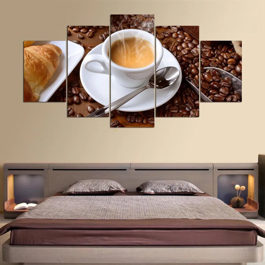 5 Pieces Canvas Paintings Steaming Coffee Bread Cup Pictures For Kitchen Food Painting home decor framed wall art WD-1026 | Дом и сад