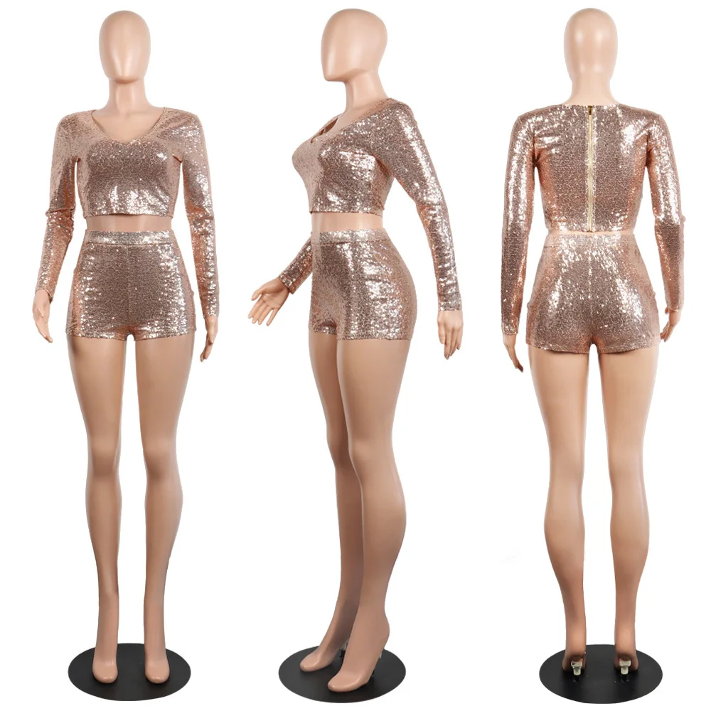 

OMILKA Two Piece Sequin Crop Top and Shorts Set 2018 Autumn Women Long Sleeve V Neck Zipper Bling Shiny Club Party Clothing Set