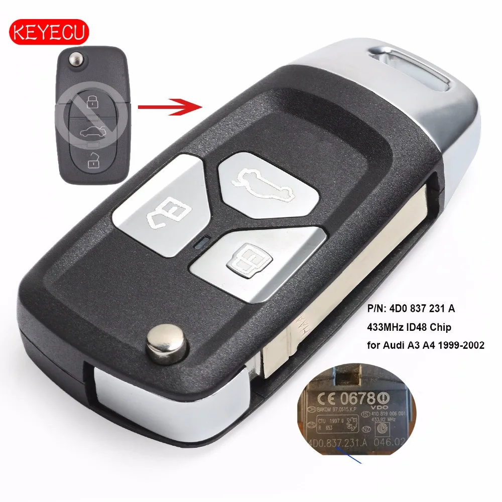 Обновленный дистанционный ключ-брелок Keyecu 433 МГц ID48 для Audi A3 A4 1999-2002 4D0 837 231 A |