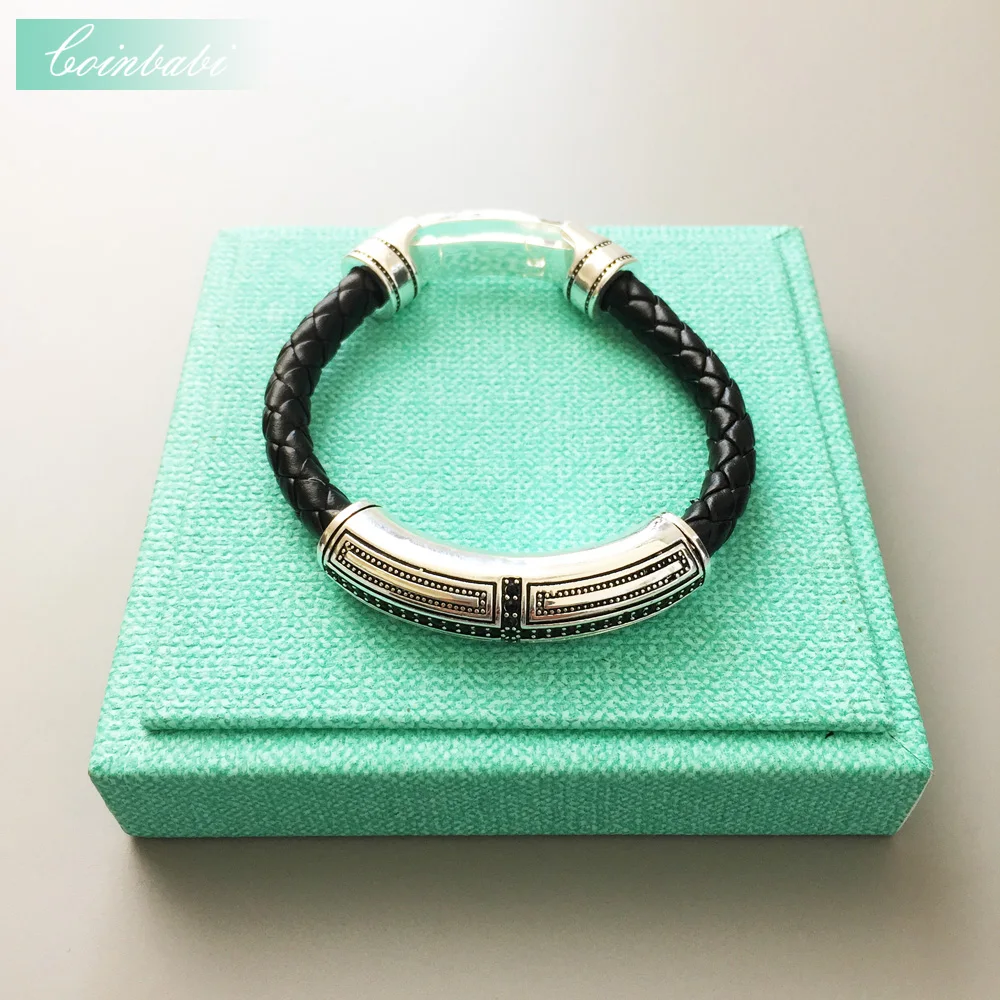 Кожаный браслет для мужчин с черным перекрестным креплением Sharp 925 стерлингового