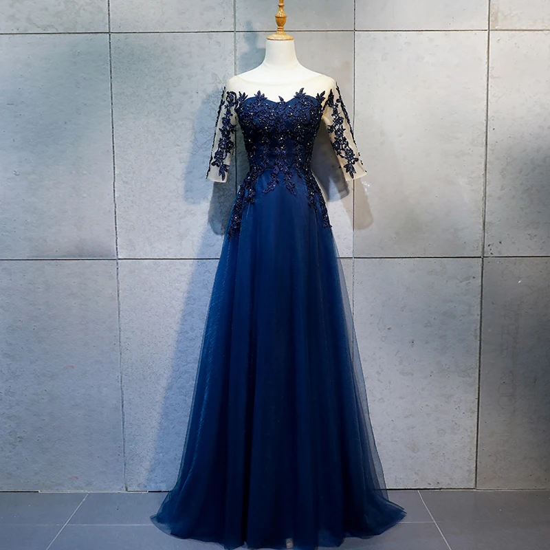 

Evening Dresses Long Pretty Sexy Navy Blue O-Neck Half Sleeves Beads Lace Sparkle New Formal Party Gowns 2021